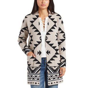 Frye Cozy Open Front Luxe Yarn Jacquard Southwestern Patterned Cardigan Size L